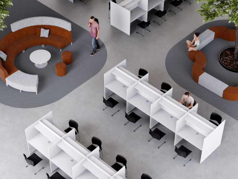 Open plan education design that includes multiple workstations with privacy screens and lounge areas.