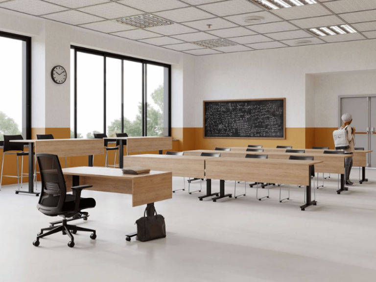 A classroom featuring desks with t style legs on casters.