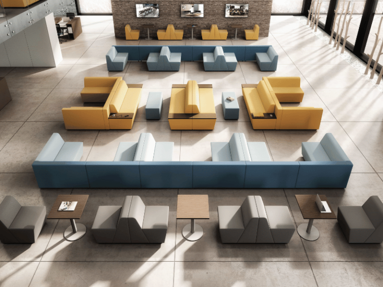 A yellow and blue lounge area featuring various seating options including benches and modular seating.