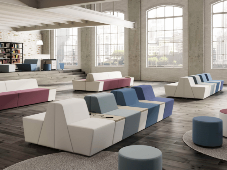 A collaborative lounge area with multiple modular seating configurations.