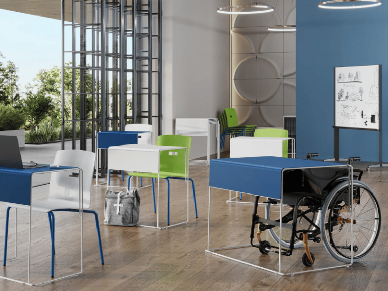 A classroom with ADA-compliant desks and stackable chairs.