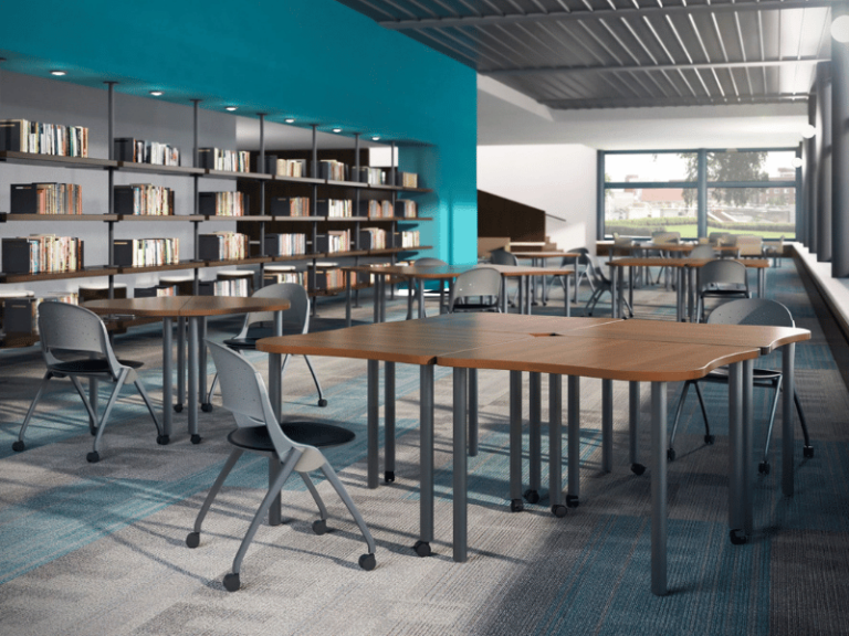 Library featuring tables and chairs on casters.