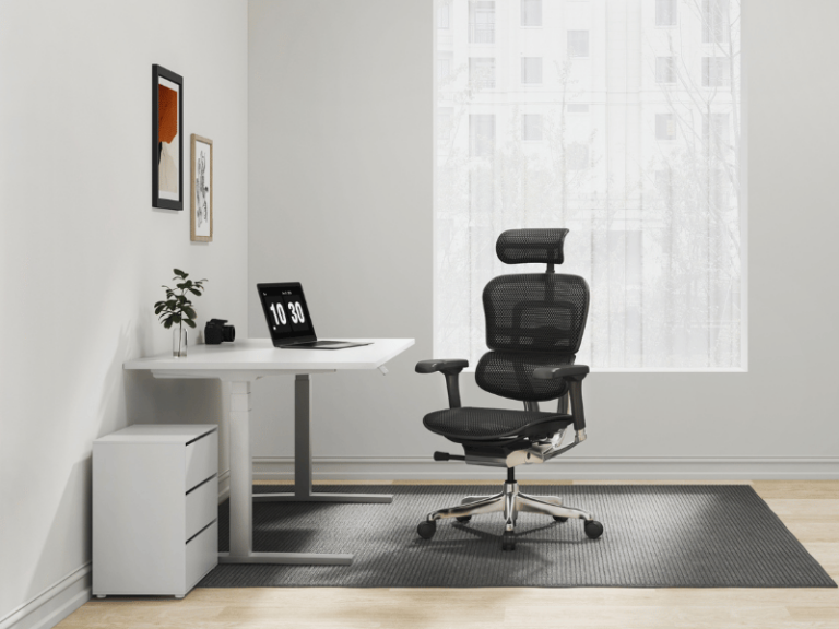 Personal office with an ergonomic office chair and height adjustable desk.