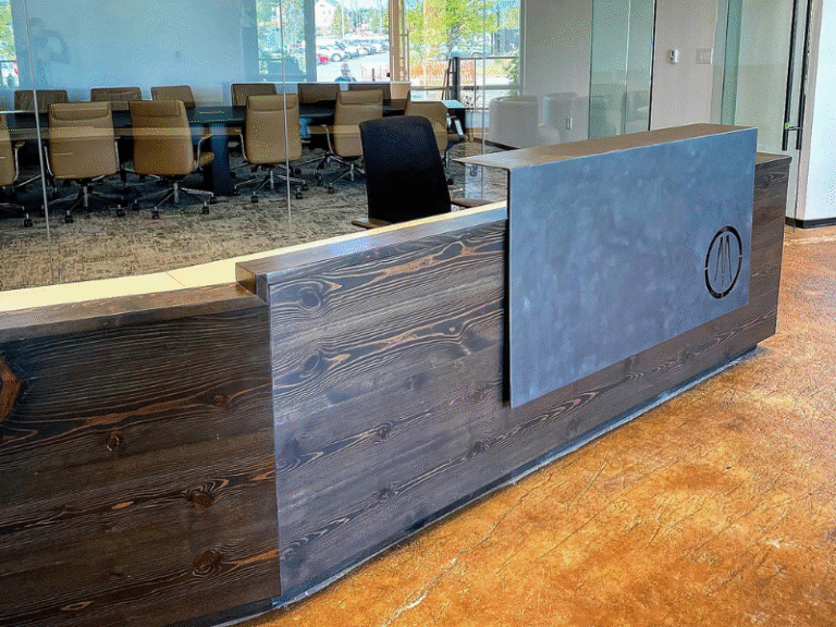 pine reception desk with steel wrap
